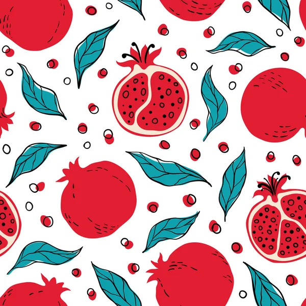 Seamless Pattern Red Pomegranates Pomegranate Slices Hand Drawn Pomegranates Pattern - Stok Vektor