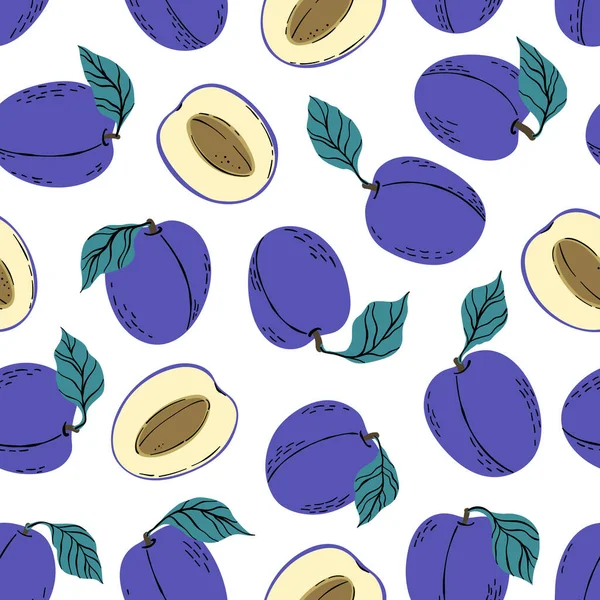 Tropical Seamless Pattern Violet Plums Plum Slices Hand Drawn Fruits —  Vetores de Stock