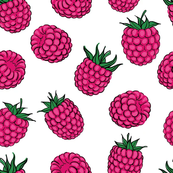 Seamless Pattern Pink Raspberry Berry Hand Drawn Raspberries Pattern White —  Vetores de Stock