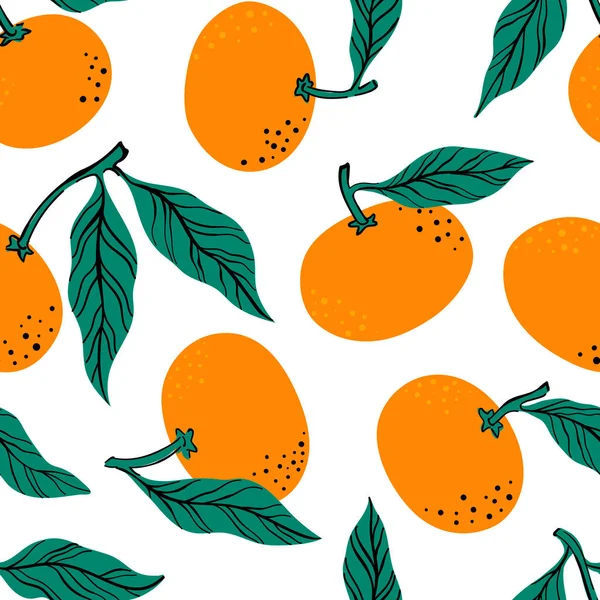 Pola Mulus Tropis Dengan Mandarin Dan Daun Tangan Ditarik Oranye - Stok Vektor