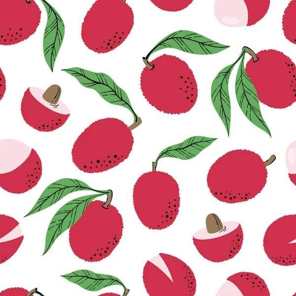 Seamless Pattern Pink Lychee Slices Hand Drawn Lychee Pattern White —  Vetores de Stock