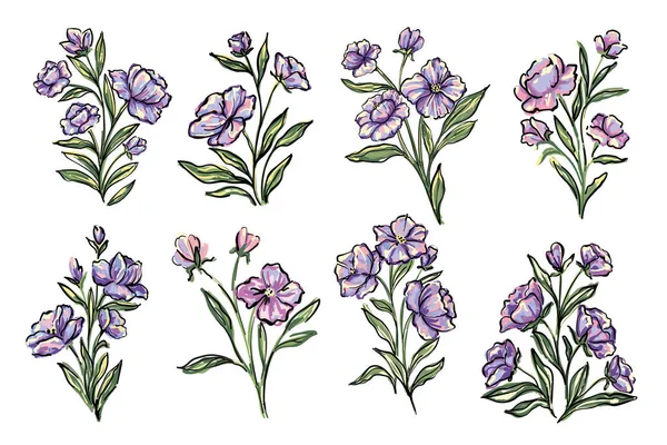 Conjunto Floral Pintando Flores Folhas Vetor Isolado Elementos Design Floral — Vetor de Stock