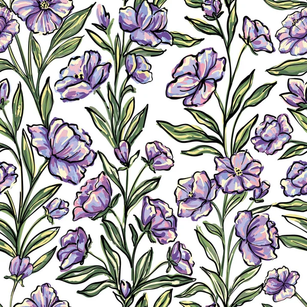 Seamless Pattern Painting Flowers Leaves Background Vector Wallpaper Design Hand — Stock vektor