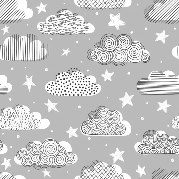 Doodle Grey Sky Seamless Childish Simple Pattern Kids Cute Clouds — Stock Vector
