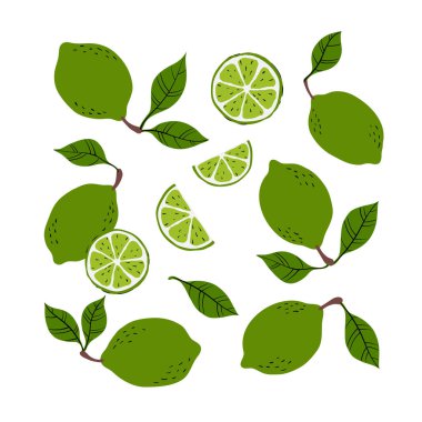 Tropik sarı limon ve limon dilimleri. Beyaz arka planda elle çizilmiş limon deseni. Kumaş, çizim etiketleri, baskılar, çocuk odasının duvar kağıdı, meyve arkaplanı