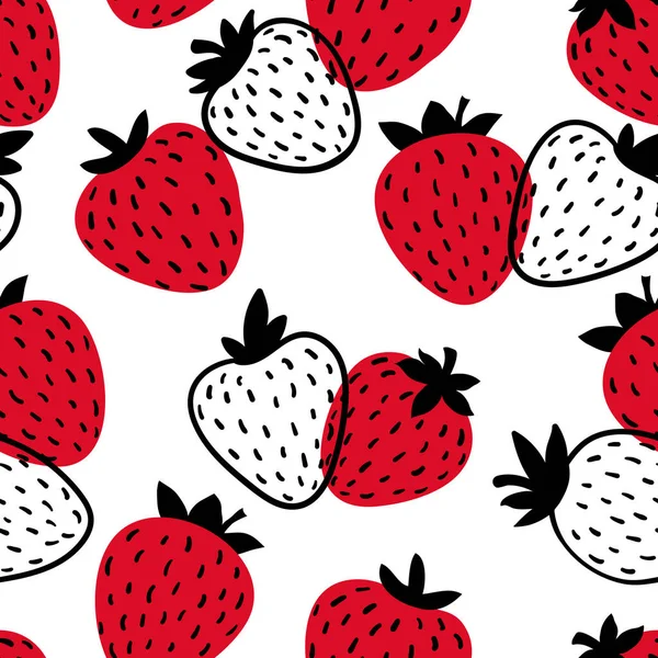 无缝隙图案与粉红色草莓果 白色背景上手工绘制的草莓图案 绘画标签 印刷品 儿童房墙纸 水果背景 — 图库矢量图片