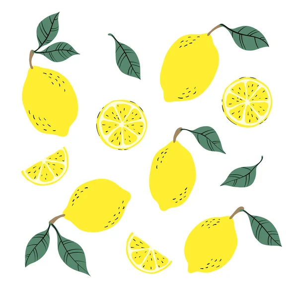 Tropical Seamless Pattern Yellow Lemons Lemon Slices Hand Drawn Lemons —  Vetores de Stock