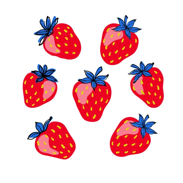 Set Red Strawberry Berrywith Blue Leaves Hand Drawn Strawberries Isolated — Stock Vector