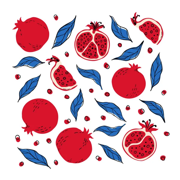Set Red Pomegranates Half Pomegranate Blue Leaf Hand Drawn Pomegranates —  Vetores de Stock