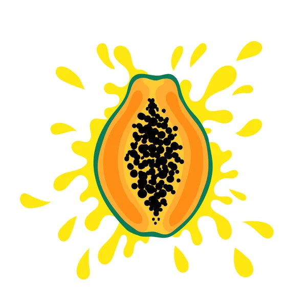 Tropical Yellow Papaya Juice Splash Hand Drawn Half Papayas Isolated — Vetor de Stock