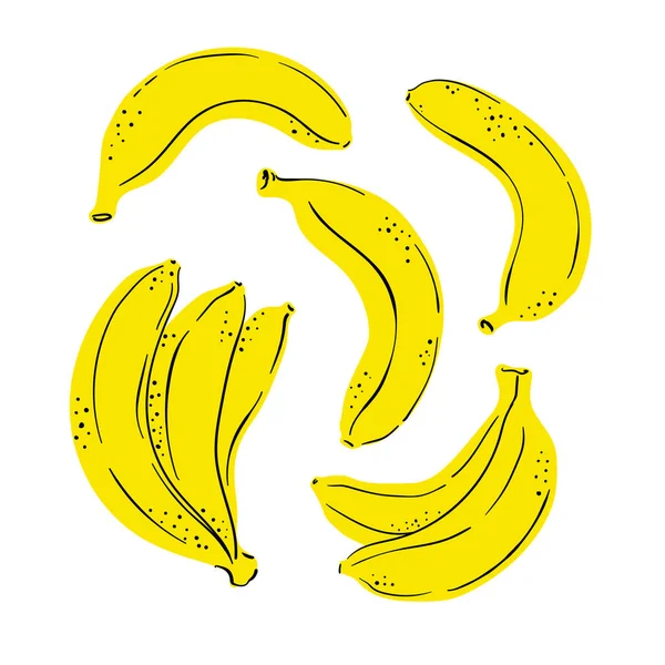 Tropical Set Yellow Fruits Banana Hand Drawn Simple Bananas Isolated — Vettoriale Stock