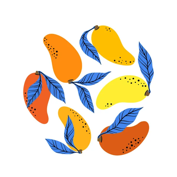 Set Orange Mango Blue Leaf Hand Drawn Yellow Mango Isolated — Stockvector