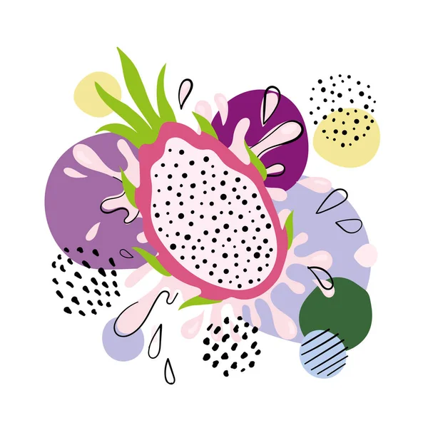 Tropical Dragonfruits Pitaya Juice Splash Hand Drawn Pitaya Pattern White — Διανυσματικό Αρχείο
