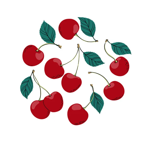 Tropis Set Doodle Cherry Merah Buah Beri Yang Digambar Dengan - Stok Vektor