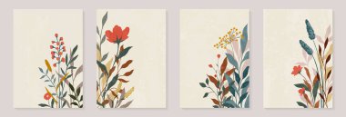 Yaratıcı minimalist, soyut sanat, yabani çiçekler, yapraklar, dal, el çizimi, Scribble çiçekleri. Soyut yaprak. Beyaz arkaplanda yaban çiçekleri