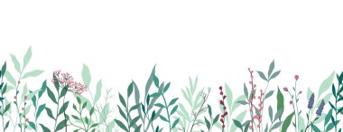 Seamless horizontal border, abstract art with summer meadow plants, wild flowers, leaves branch and Hand Drawn doodle Scribble floral plants. Design for wall decoration, postcard, poster, brochure