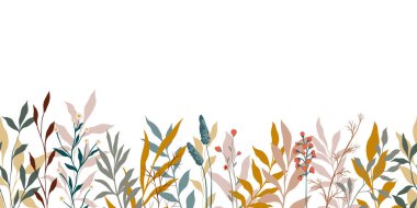 Kusursuz yatay sınır, yazlık çayır bitkileriyle soyut sanat, yabani çiçekler, yaprak dalları ve El Karalaması Karalama çiçekli bitkiler. Duvar dekorasyonu, kartpostal, poster, broşür tasarımı