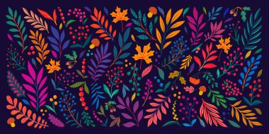 Yaratıcı minimalist el çizimi soyut sanat geçmişi. Mor arka planda klasik sarı, turuncu yapraklı çizim. Mevsimsel sonbahar tatilleri için tebrik kartları ve davetiyeler tasarla