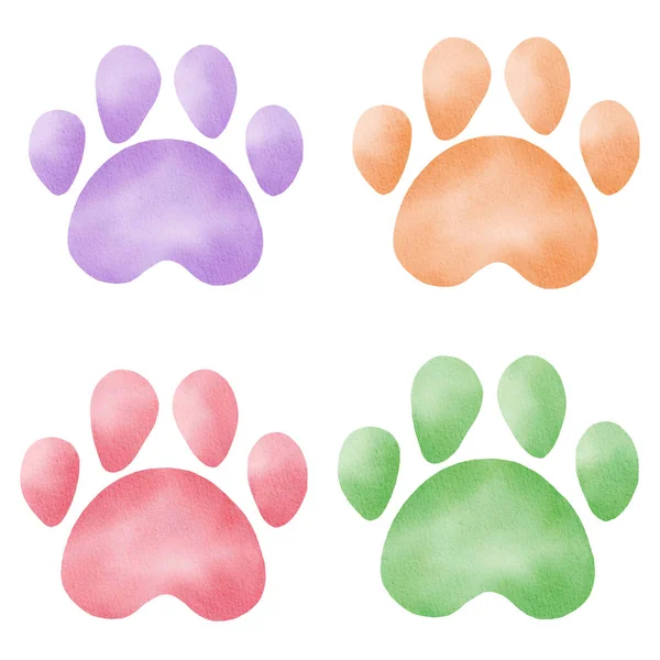 Aquarell-Tatzenabzüge. Handgezeichneter Cliparts. Fußabdrücke von Hund oder Katze für DIY-Projekte, Scrapbooking, Kinderzimmer-Dekor. — Stockfoto