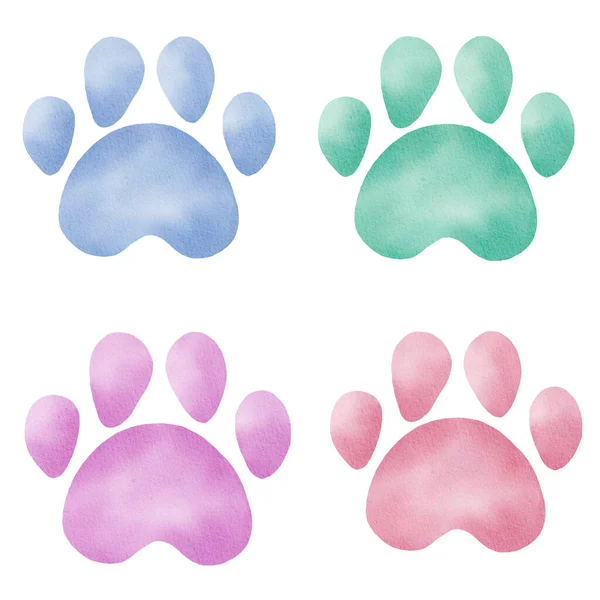 Akvarell állati lábnyomok. Pasztell színű mancsok nyomatok előfizetői. Kézzel festett illusztráció elszigetelt. — Stock Fotó