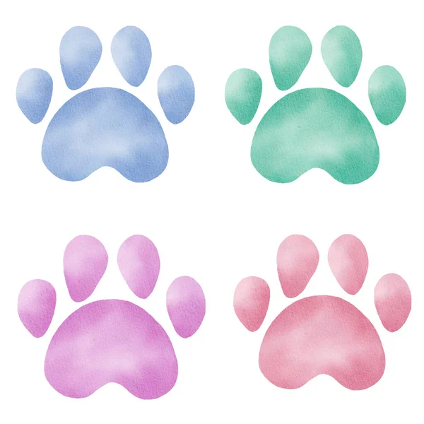 Pegadas de animais aquarela. Pata de cor pastel imprime clipart. Ilustração pintada à mão isolada. — Fotografia de Stock