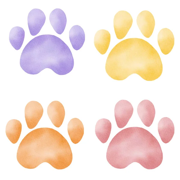 물감 부분을 발로 찍는다. 손으로 그린 개나 고양이 발자국 삽화. — 스톡 사진