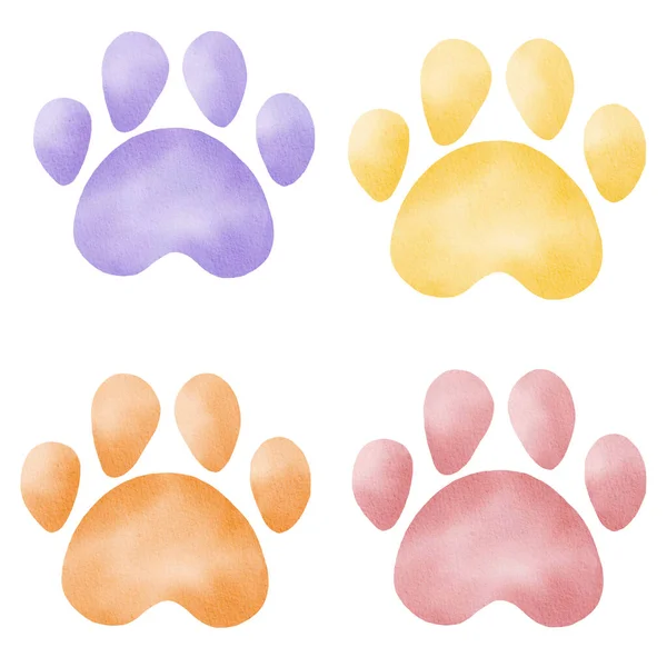 La pata imprime clipart acuarela. Perro pintado a mano o gato huellas ilustración. — Foto de Stock