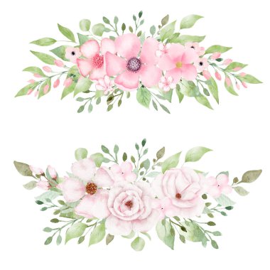 Hand painted watercolor bouquet of pink flowers and leaves