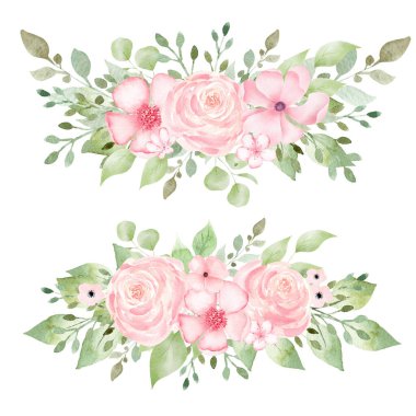 Hand painted watercolor bouquet of pink flowers and leaves