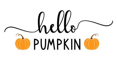 Vector autumn quote Hello Pumpkin with autumn pumpkin isolated on white background. Season typography poster, welcome Fall porch sign farmhouse banner. Autumn greeting card.