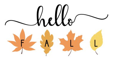 Vector autumn quote Hello Fall with autumn maple leaves isolated on white background. Season typography poster, welcome Fall porch sign farmhouse banner. Autumn greeting card.