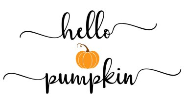 Vector autumn quote Hello Pumpkin with autumn pumpkin isolated on white background. Season typography poster, welcome Fall porch sign farmhouse banner. Autumn greeting card.