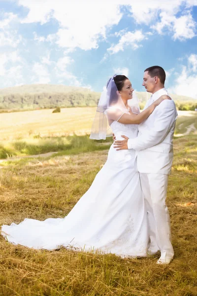 Brautpaar steht in schöner Landschaft — Stockfoto