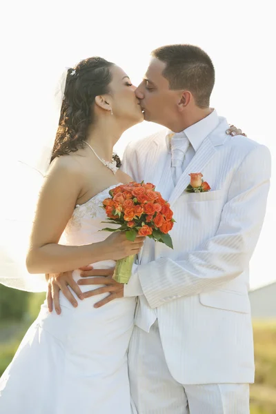 Bruid en bruidegom kussen met geïsoleerde achtergrond — Stockfoto