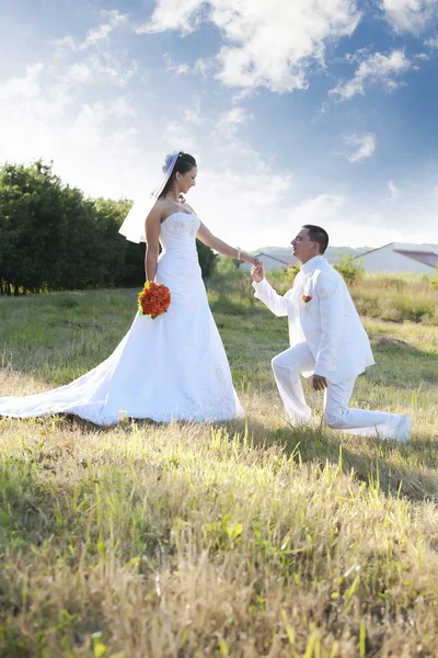 Bruidegom knieën voor zijn bruid — Stockfoto