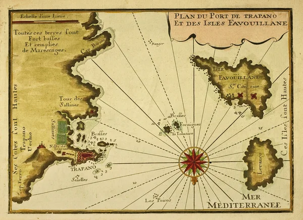 Старая карта Трапани, Фавиньяна и Леванцо — стоковое фото
