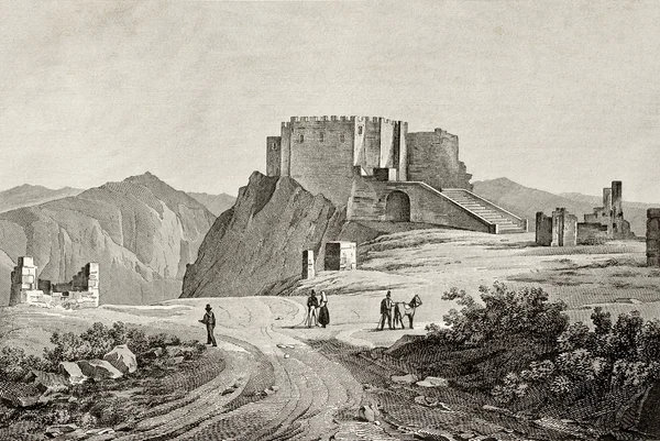 Старая гравюра горы и замка Эриче, недалеко от Трапани, Сицилия — стоковое фото