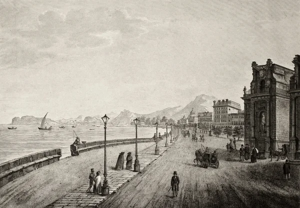 Palermo, Italia, paseo marítimo ilustración antigua — Foto de Stock