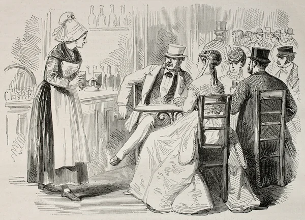 Antique illustration of a waitress attending to customers in a bar — Stock Photo, Image