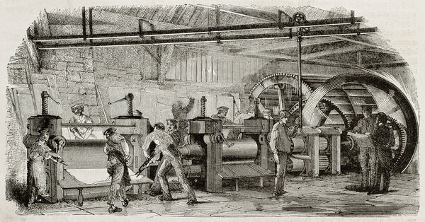 Old illustration of iron production in La Houilles foundry, France: rolling mills line moved by hydraulic wheel. By unidentified author, published on Magasin Pittoresque, Paris, 1850
