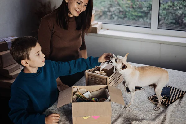 Glückliche Familienmütter und -kinder, die Knochen in die Haustier-Abobox für Hunde stecken. Chihuahua-Hunde- und Abonnement-Tierbox mit Bio-Leckereien, lustiges Spielzeug, Bully-Sticks, All-Natural-Kausachen der Saison — Stockfoto
