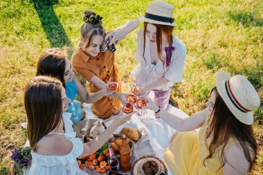 Galentines günü. Pijama partisi. Yaz Pikniği Partisi Fikirleri, arkadaşlarla dışarıda toplanma. Genç bayan kız arkadaşlar şarap içiyor, gülüyor, piknikte birlikte eğleniyorlar..