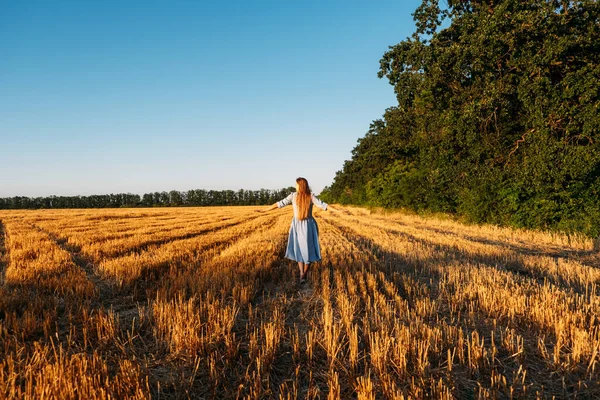 Frau in blauem Leinenkleid genießt die Natur im Sonnenuntergang. Stress und psychische Belastbarkeit. Verbringen Sie Zeit in der Natur, um Stress und Angst zu reduzieren. — Stockfoto