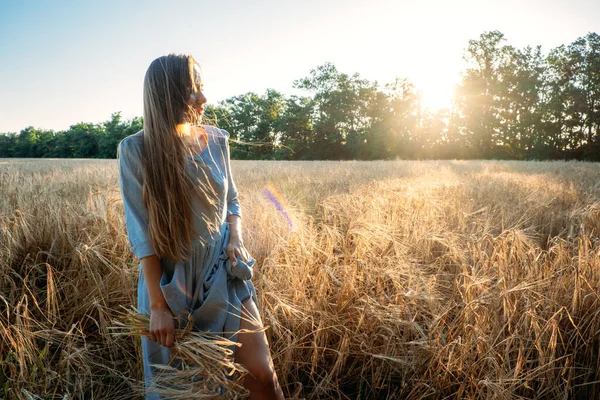 Ukrainische junge Frau mit Weizenernte auf einem Feld während eines sonnigen Tages. Gesichtsloses Porträt einer unkenntlich gemachten Frau im Baumwollkleid inmitten von Ähren auf dem Land — Stockfoto