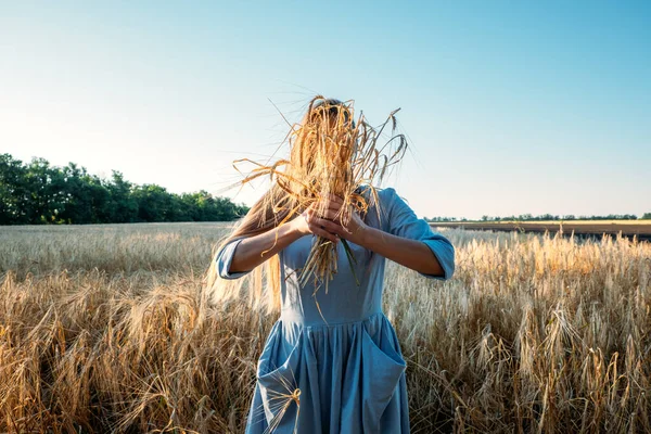 Українська молода жінка тримає пшеницю на полі в сонячний день. Безливий портрет нерозпізнаної пам'ятної жінки в бавовняній сукні між шпилями в сільській місцевості. — стокове фото