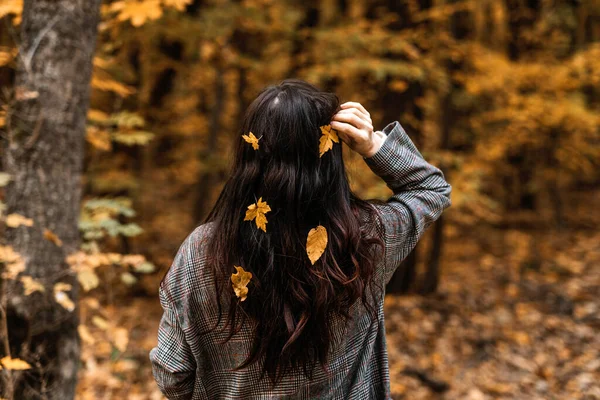 Back view of brunette woman with fall yellow leaves in long hair on autumn nature background. Activities for Happy Fall, Improve Yourself, Ways To Be Happy And Healthy autumn.