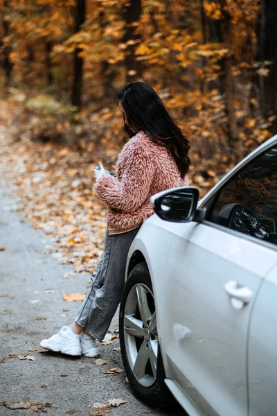 Confident Brunette Woman Standing Car Call Phone Preparing Your Car — Stockfoto