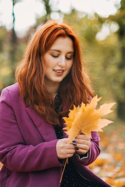 Herbst Porträt Von Offenherzig Schönen Rothaarigen Mädchen Mit Herbstblättern Haar — Stockfoto