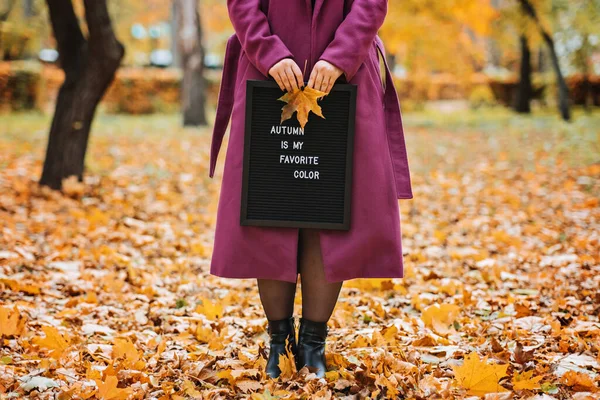 Hello Autumn Faceless Outdoor Portrait Woman Letter Message Board Text — Φωτογραφία Αρχείου