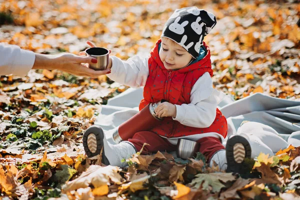 Happy Little Toddler Baby Daughter Red Thermos Cup Autumn Picnic —  Fotos de Stock